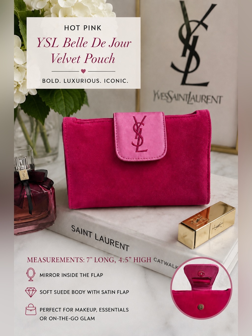 Yves Saint Laurent Pink Belle De Jour Pouchette With Makeup Mirror Quiet Luxury